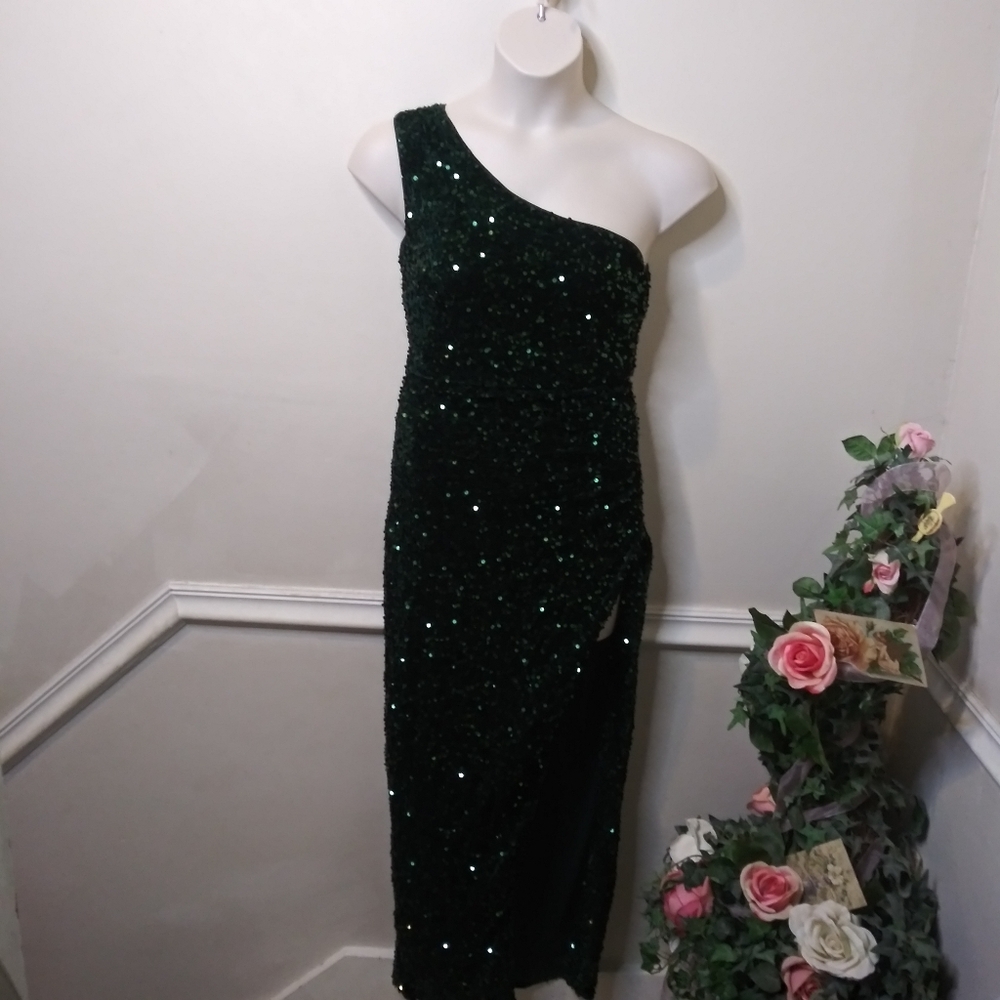Dark Green Sparkly Sequinned Velour One Shoulder, Sexy Split Side Cocktail Dress